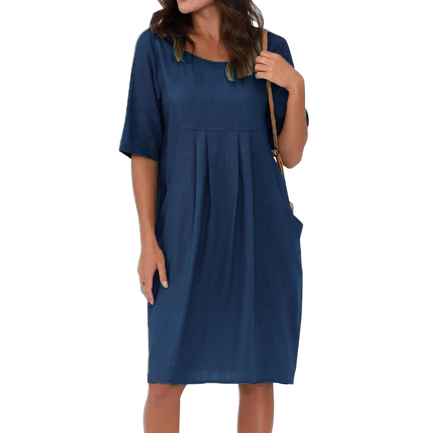 Cotton Linen Casual Midi Dress With Pockets