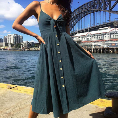 Women’s Cotton Linen Backless Summer Dress With Bow