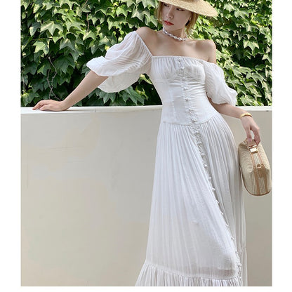 French Vintage Cotton High Waist Square Neck Dress