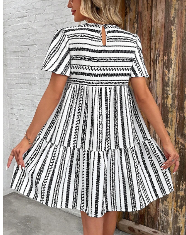 Women’s Striped Floral Round Neck Mid-Sleeve Dress
