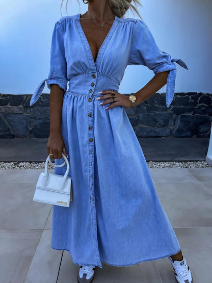Women’s A-Line Denim Midi Dress – Casual Everyday Style