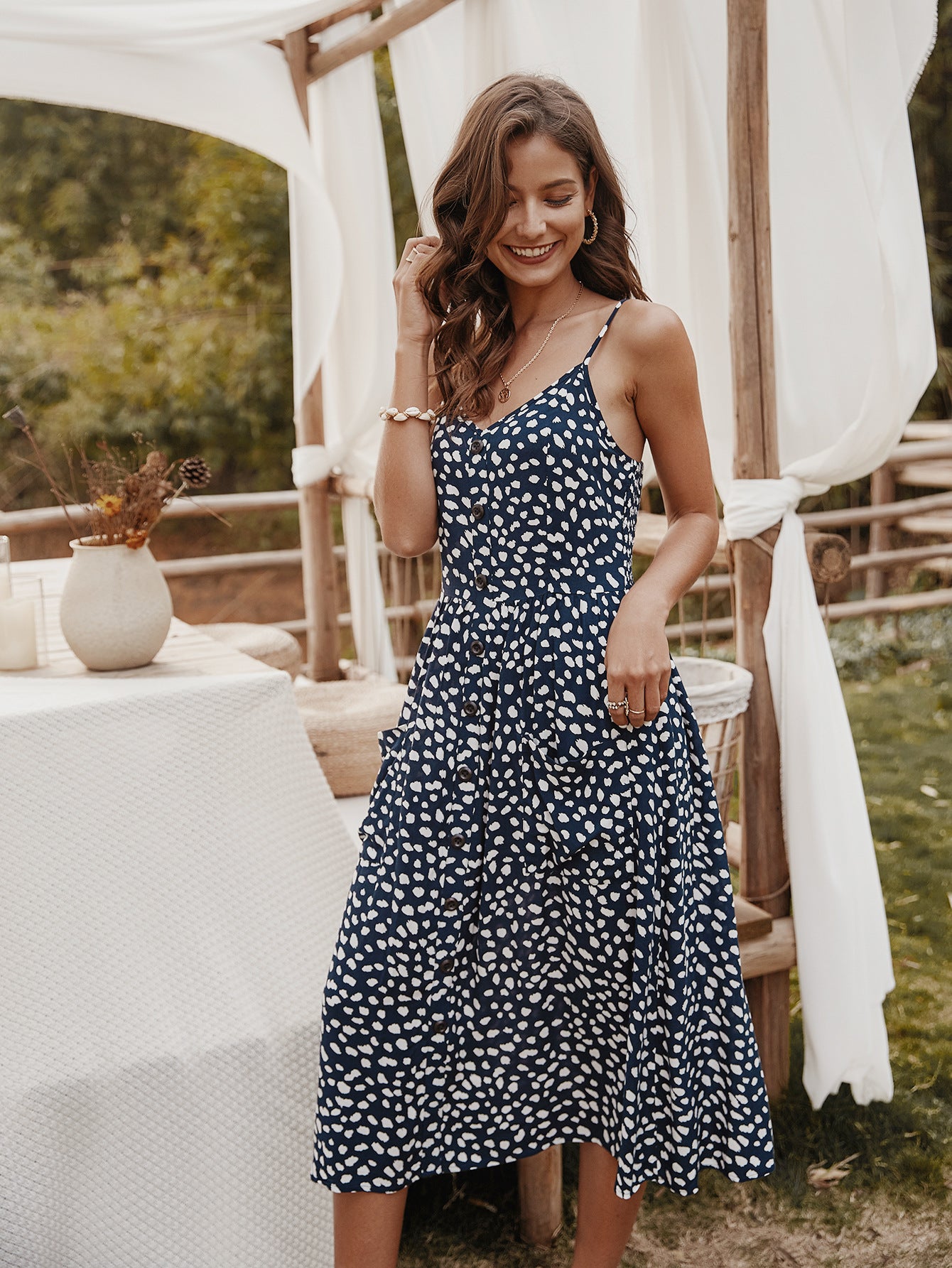 Sleeveless Printed A-Line Dress With Elastic Waist
