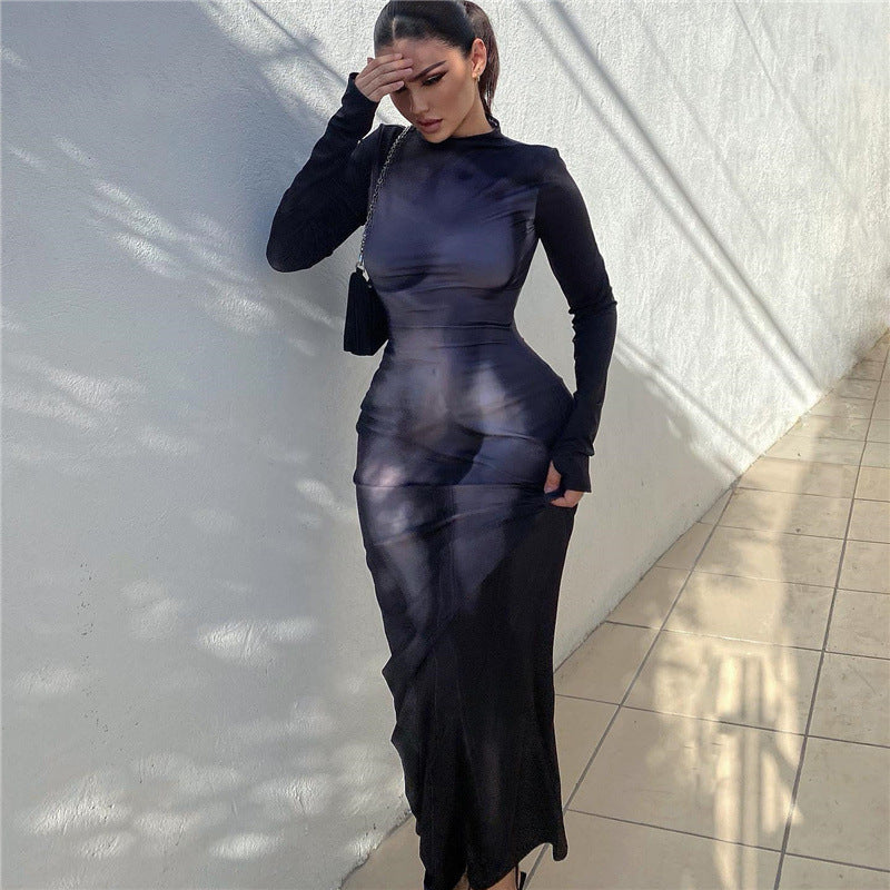 3D Body Print Long Sleeve Slim Bodycon Dress