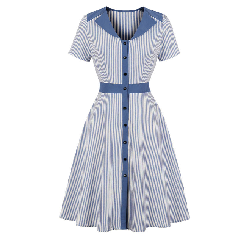 Striped A-Line Summer Dress For Women – V-Neck, Knee-Length