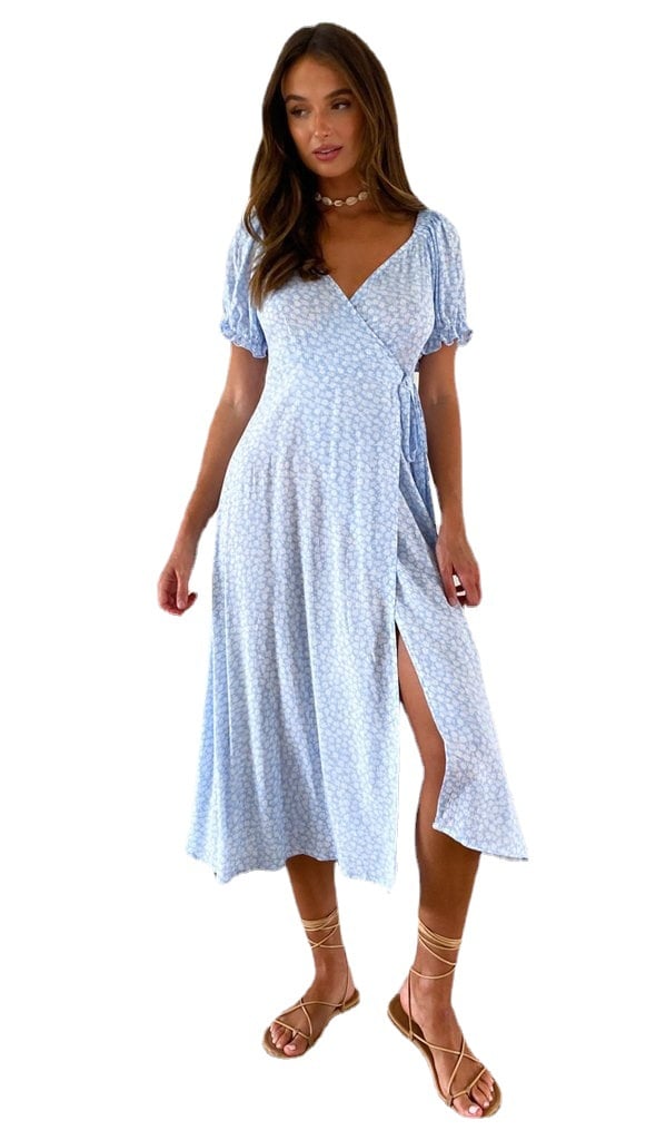 Chiffon V-Neck High Waist Lace-Up Floral Dress