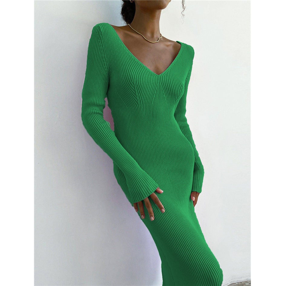 Women’s Knitted Stripe Maxi Dress With Long Sleeves