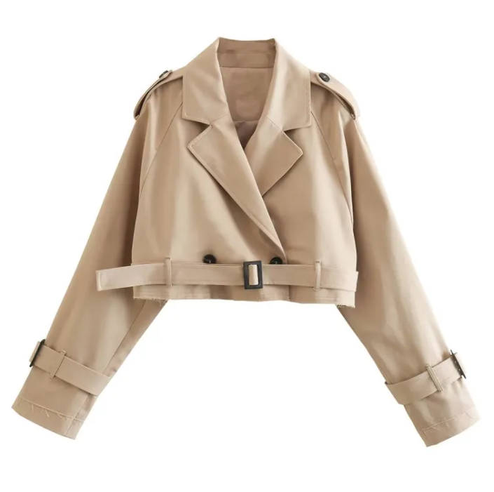 Women’s Belted Short Trench Coat With Long Sleeves