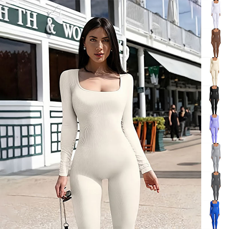 Women's Long Sleeve Yoga Jumpsuit With Square Neck