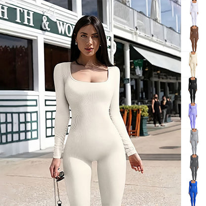 Women's Long Sleeve Yoga Jumpsuit With Square Neck