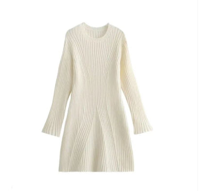 Ribbed Knit A-Line Sweater Dress With Stand Collar