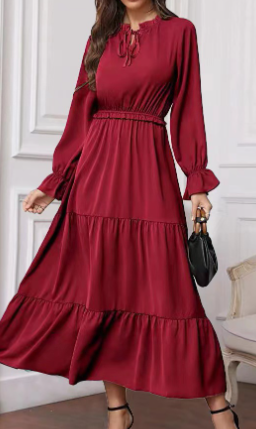 Long Sleeve Solid Color Swing Dress For Women