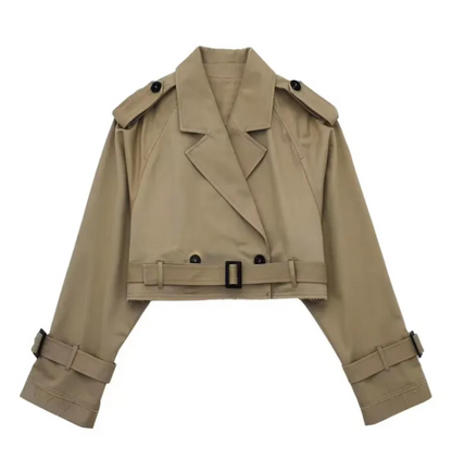 Women’s Belted Short Trench Coat With Long Sleeves