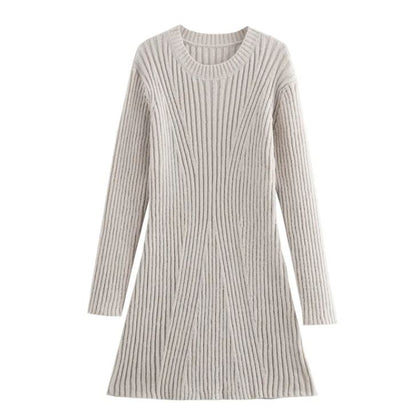 Ribbed Knit A-Line Sweater Dress With Stand Collar