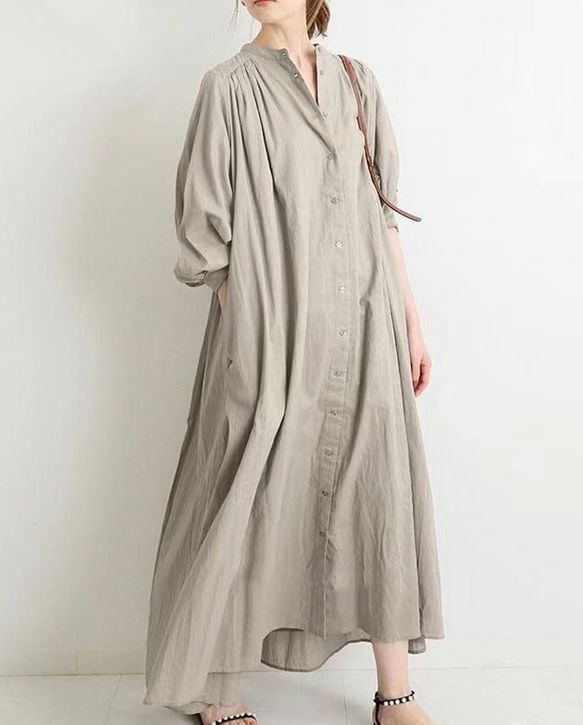 Cotton Swing Dress With Stand Collar And Puff Sleeves