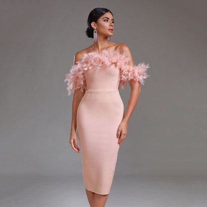 Off-Shoulder Feather Cocktail Dress For Women