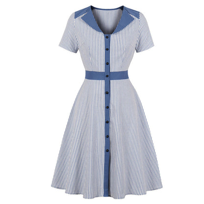 Striped A-Line Summer Dress For Women – V-Neck, Knee-Length
