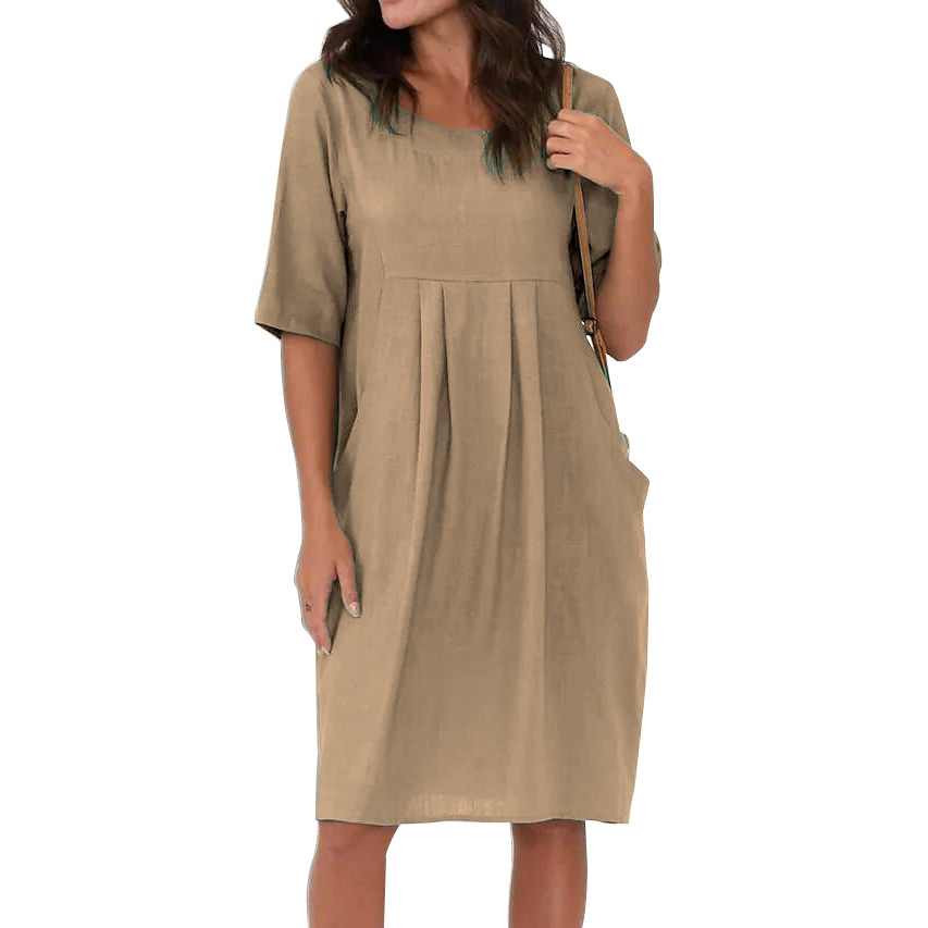 Cotton Linen Casual Midi Dress With Pockets