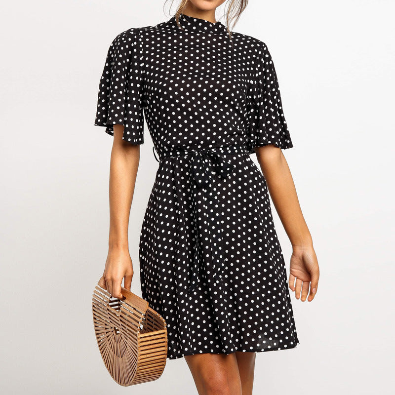 Polka Dot Chiffon Ruffle Sleeve High Waist Dress