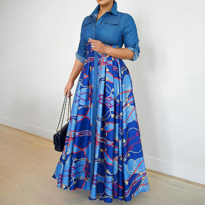 Women’s Geometric Print Lapel Midi Dress