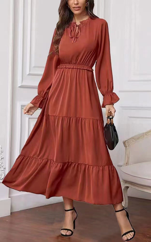 Long Sleeve Solid Color Swing Dress For Women