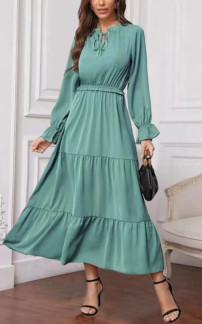 Long Sleeve Solid Color Swing Dress For Women