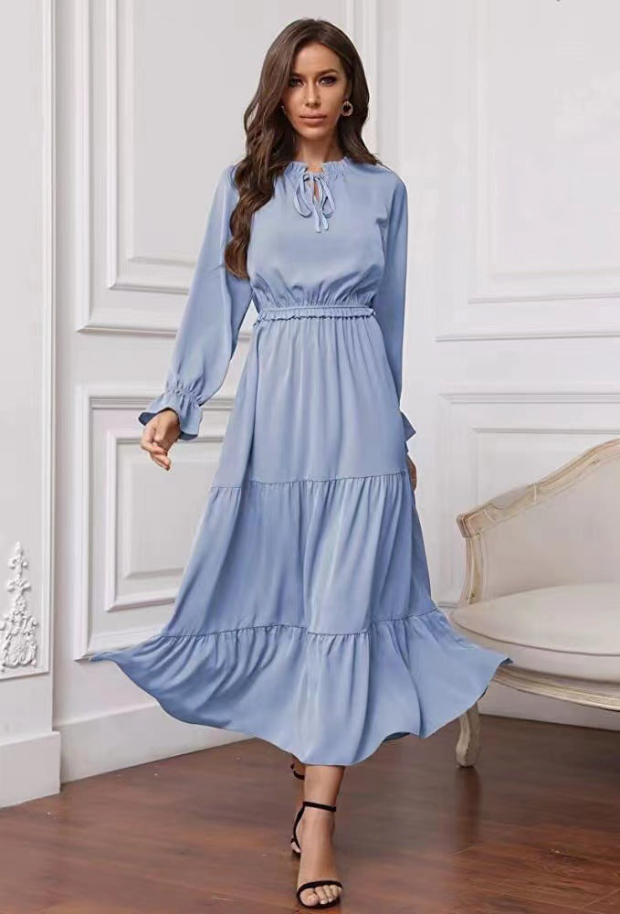 Long Sleeve Solid Color Swing Dress For Women