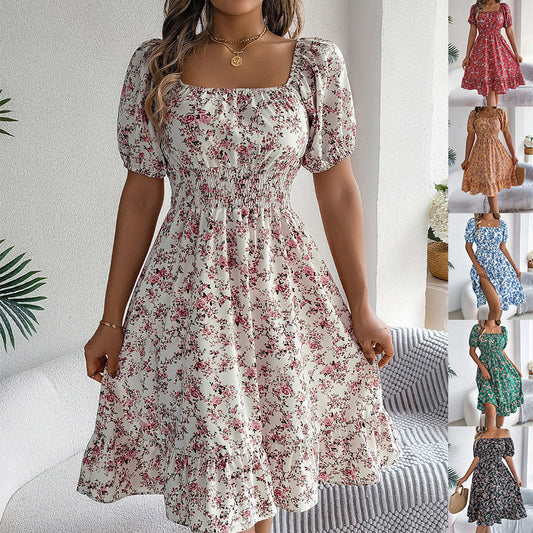 Floral Ruffle Square Neck Dress – High Waist product image
