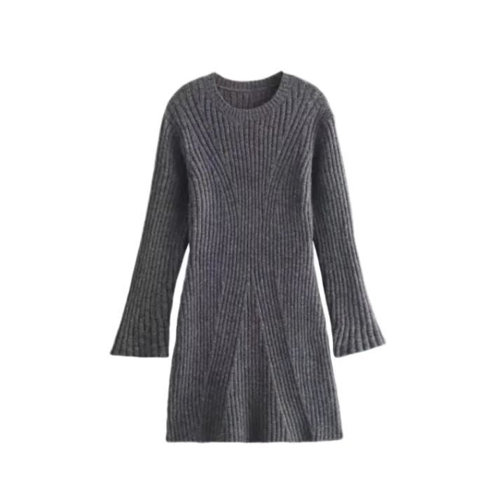 Ribbed Knit A-Line Sweater Dress With Stand Collar