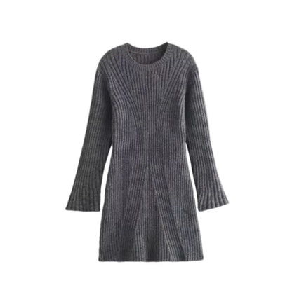 Ribbed Knit A-Line Sweater Dress With Stand Collar