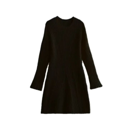 Ribbed Knit A-Line Sweater Dress With Stand Collar