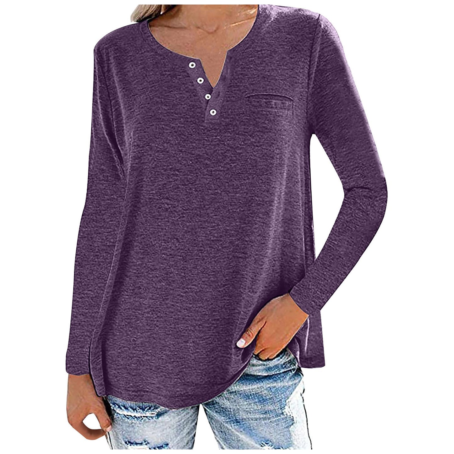 Women’s Cotton Blend Long Sleeve Top – Solid Casual Style