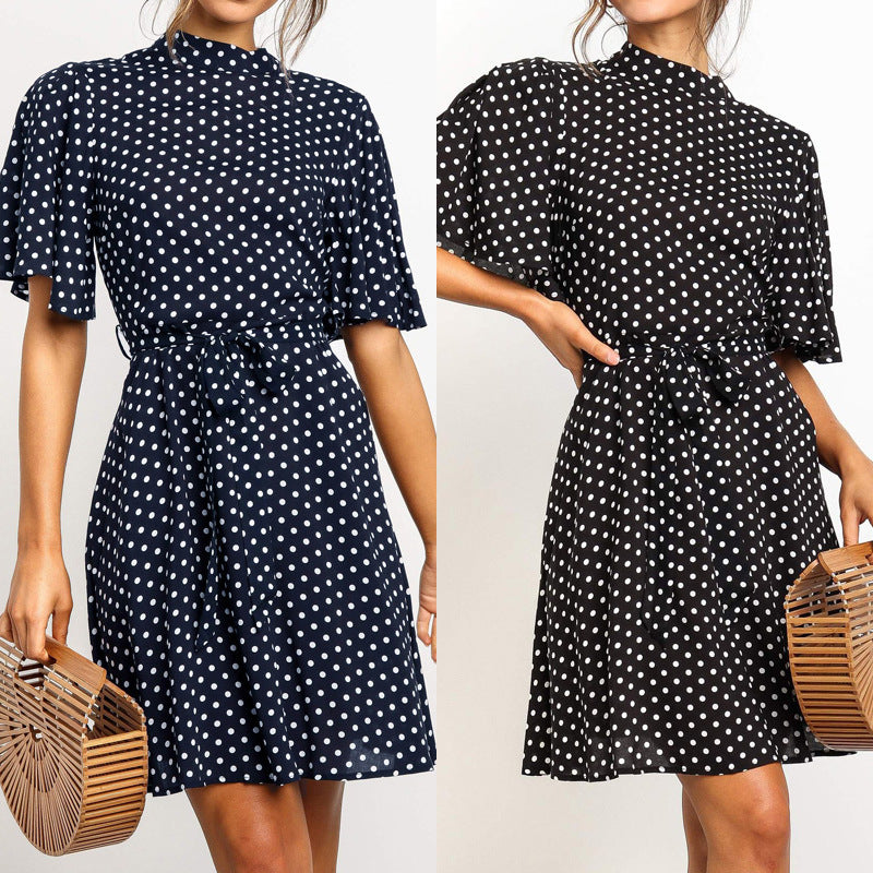 Polka Dot Chiffon Ruffle Sleeve High Waist Dress