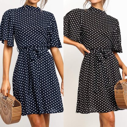 Polka Dot Chiffon Ruffle Sleeve High Waist Dress