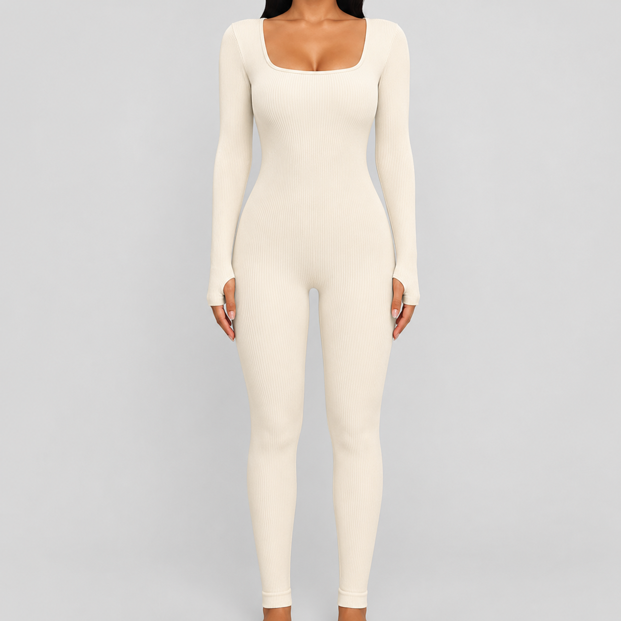 Women's Long Sleeve Square-Neck High-Waist Jumpsuit