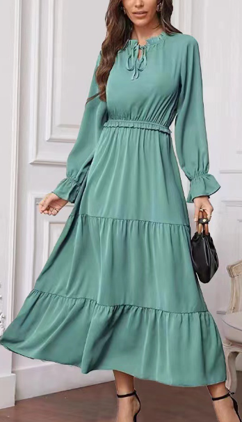Long Sleeve Solid Color Swing Dress For Women