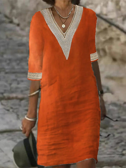 Women’s Cotton V-Neck Midi Dress for Autumn Winter