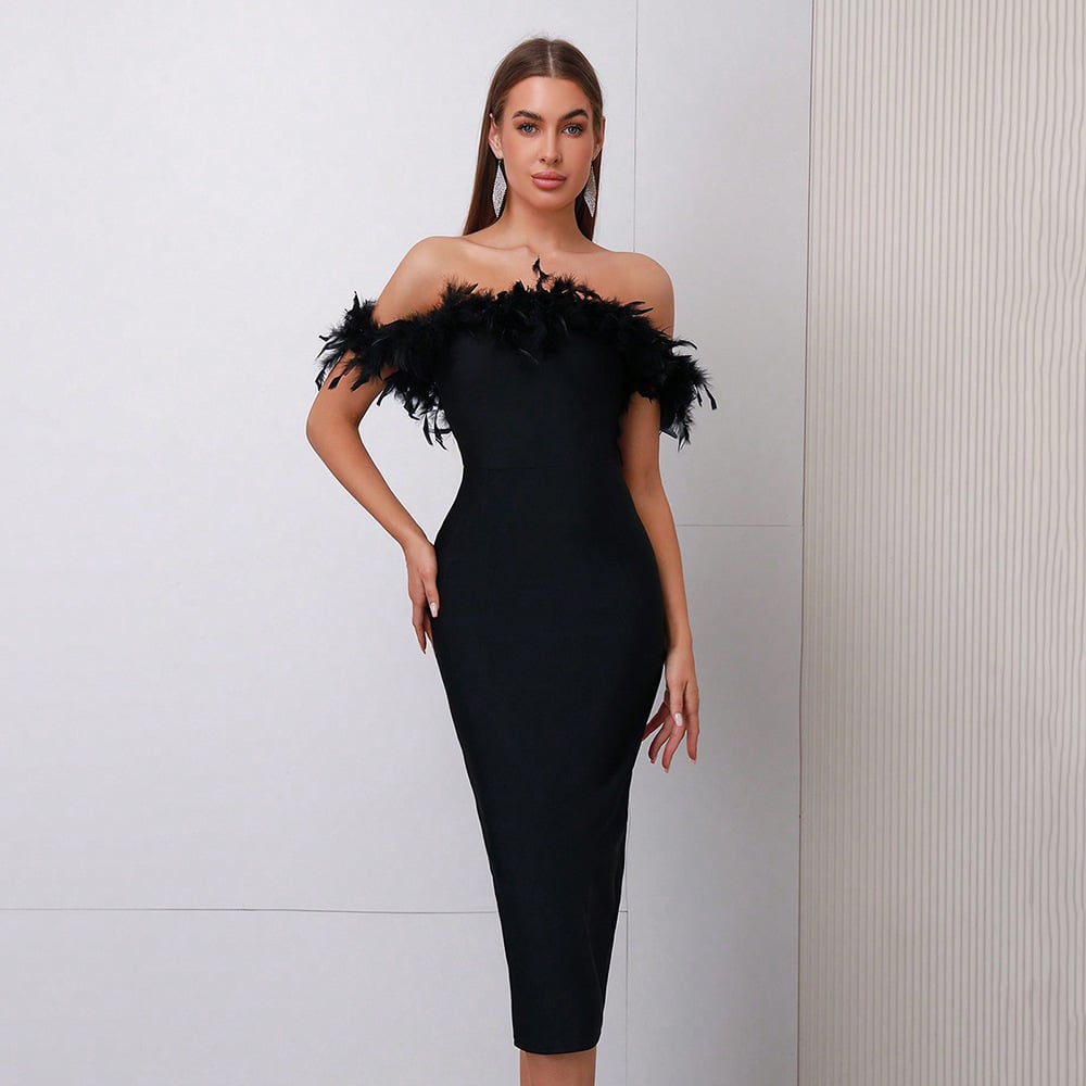 Off-Shoulder Feather Cocktail Dress product image