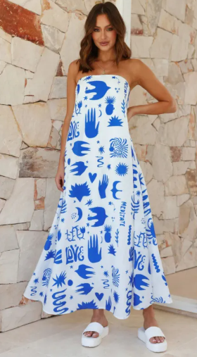 Women’s Printed Tube Maxi Dress Wide Waist