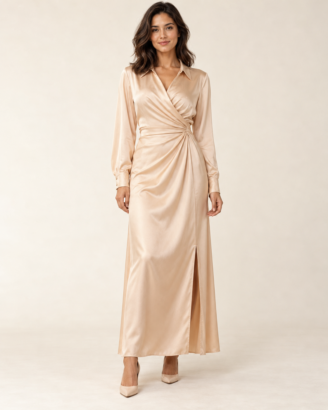 Women's Long Sleeve Side-Slit Maxi Dress — Apricot — front view
