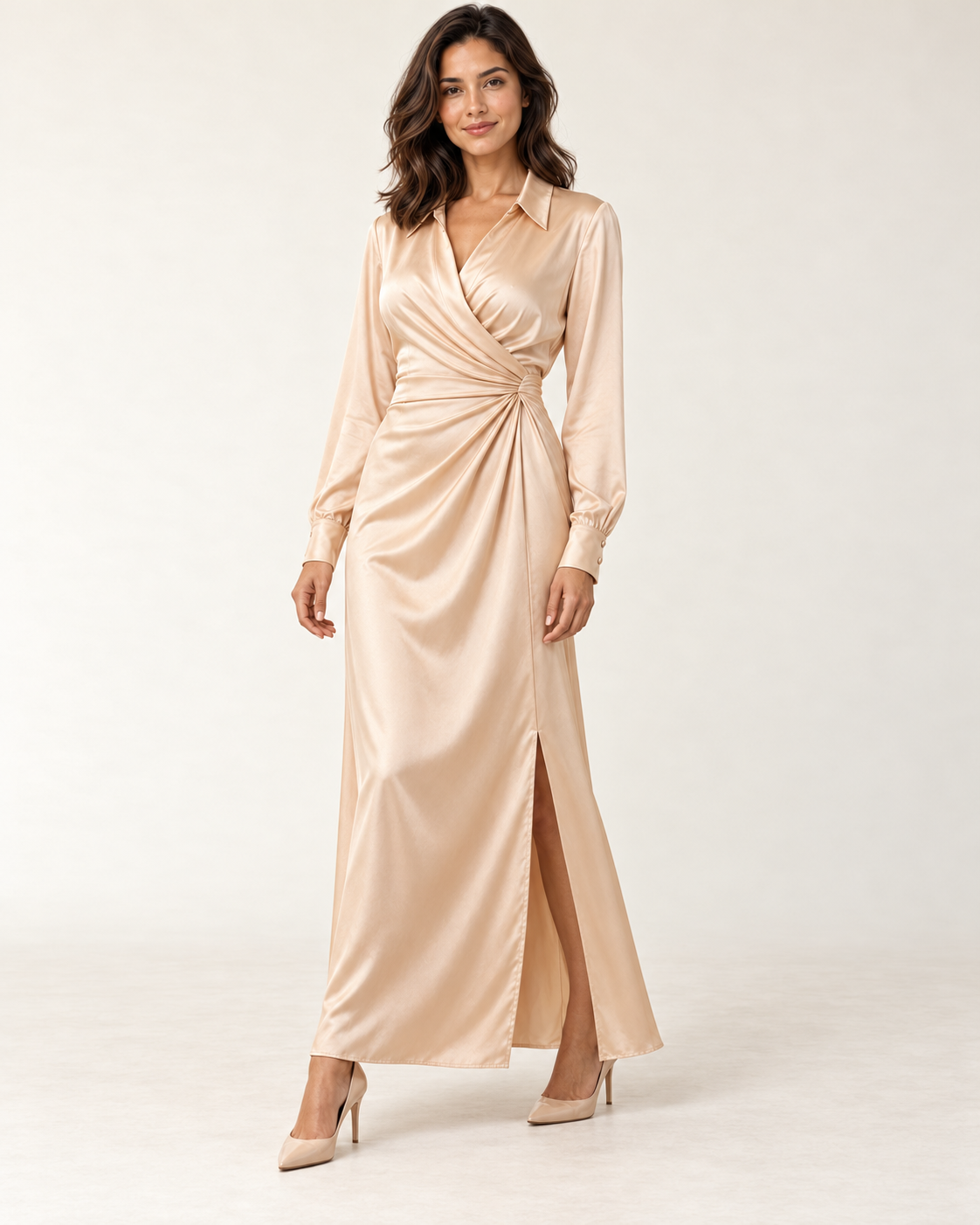 Women's Long Sleeve Side-Slit Maxi Dress — Apricot — three quarter view