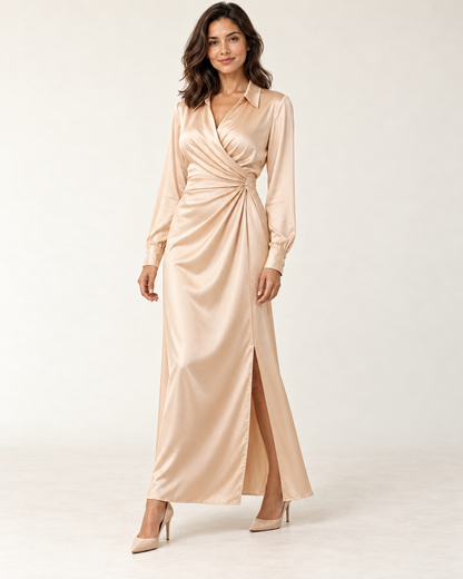 Women's Long Sleeve Side-Slit Maxi Dress — Apricot — three quarter view