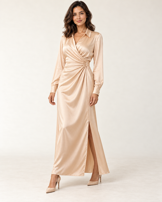 Women's Long Sleeve Side-Slit Maxi Dress — Apricot — three quarter view