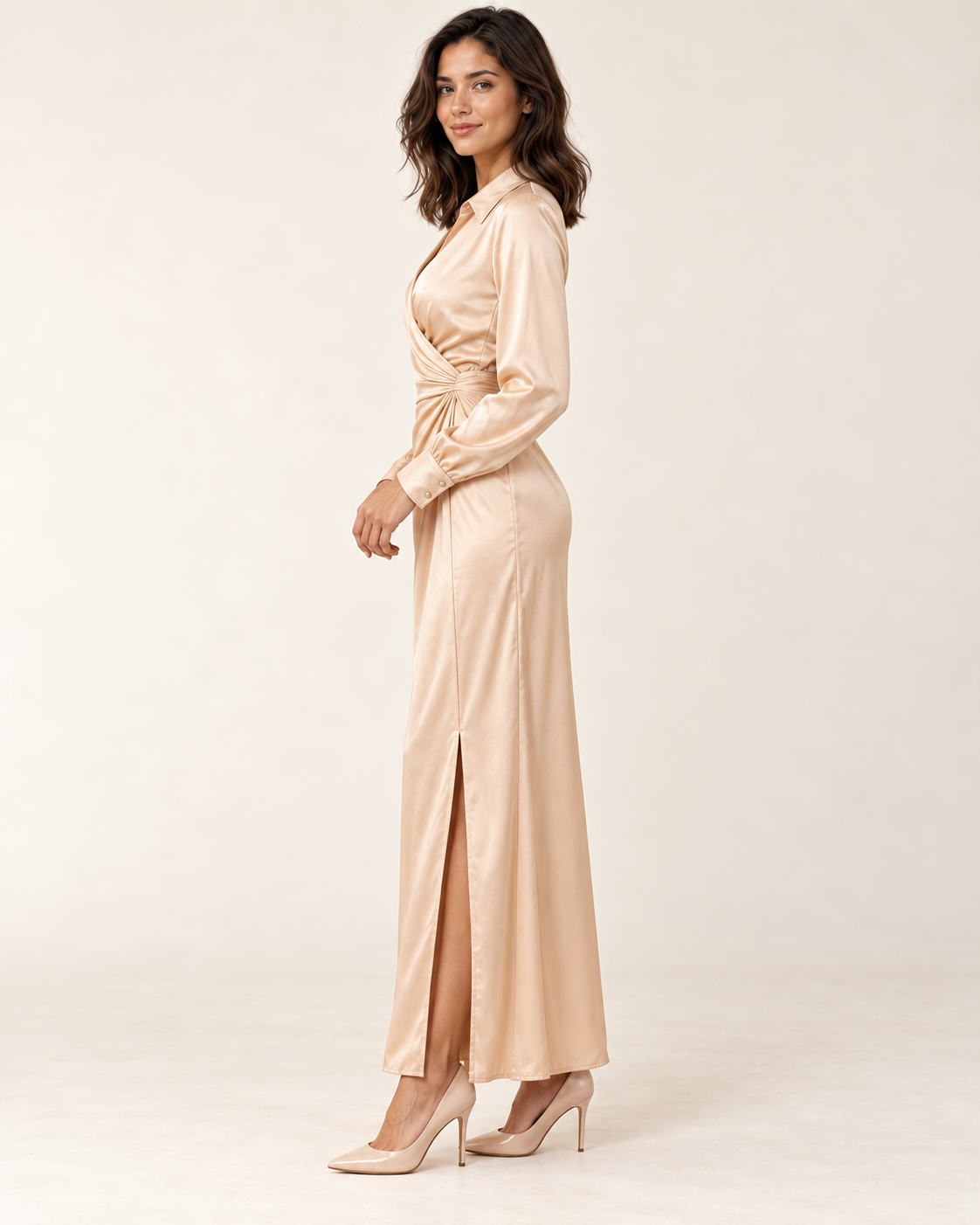 Women's Long Sleeve Side-Slit Maxi Dress — Apricot — side view