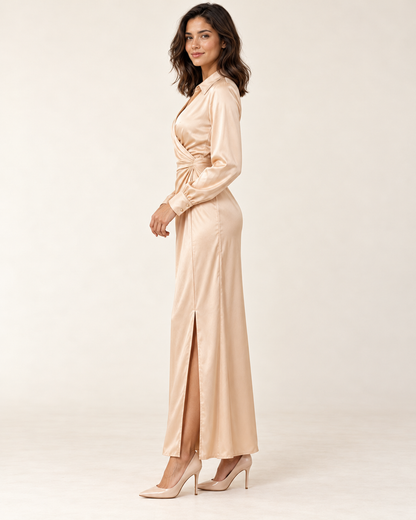 Women's Long Sleeve Side-Slit Maxi Dress — Apricot — side view