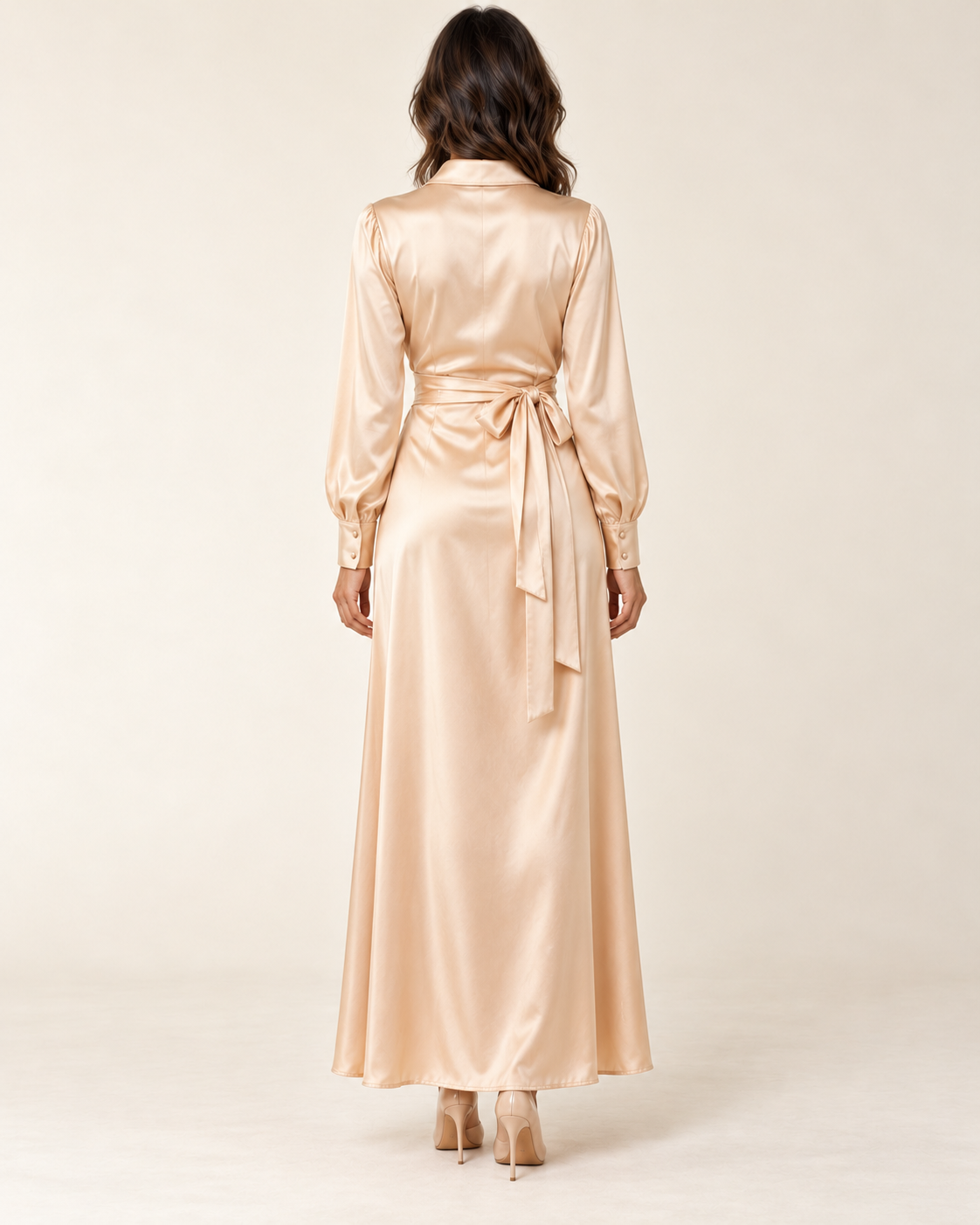 Women's Long Sleeve Side-Slit Maxi Dress — Apricot — back view