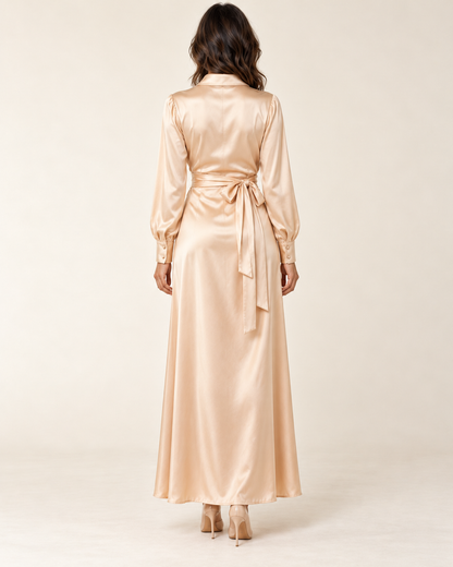 Women's Long Sleeve Side-Slit Maxi Dress — Apricot — back view