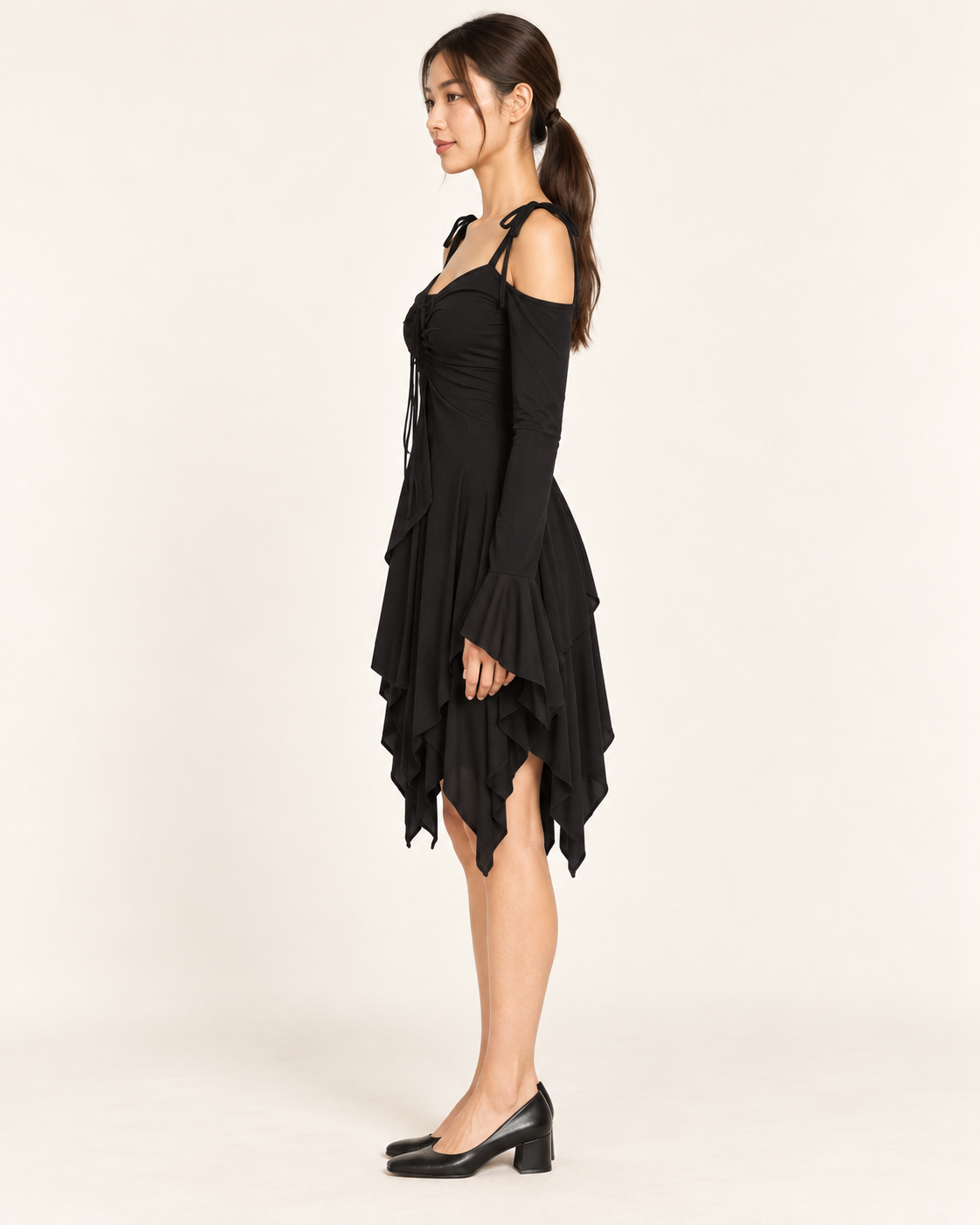 Women's Cold-Shoulder Asymmetric-Hem Dress - Black - side profile