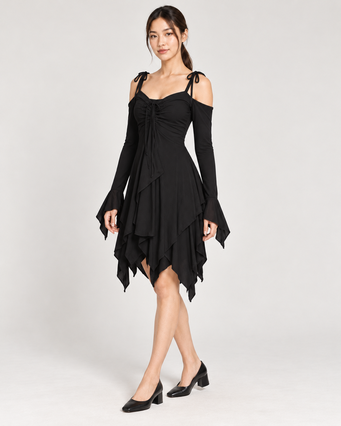Women's Cold-Shoulder Asymmetric-Hem Dress - Black - three-quarter front