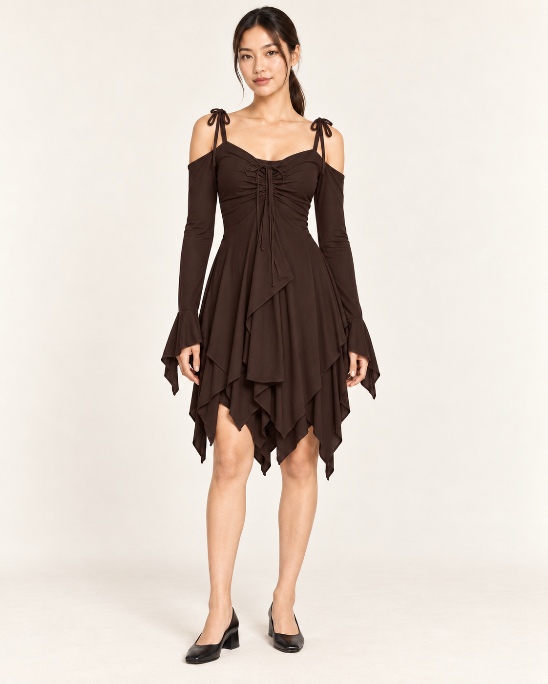 Women's Cold-Shoulder Asymmetric-Hem Dress - Brown - front hero