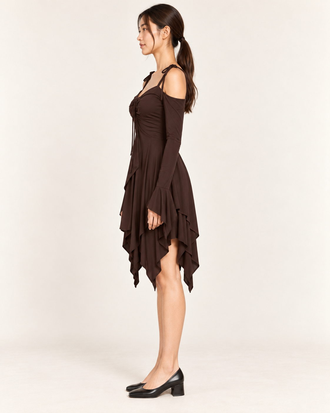 Women's Cold-Shoulder Asymmetric-Hem Dress - Brown - side profile